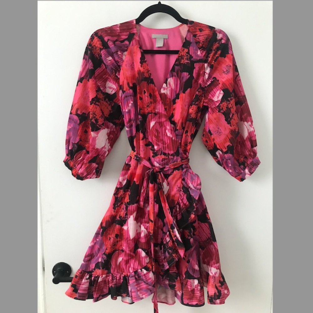 H&M | Hot Pink Floral Print Tie Belt Puff Sleeve Ruffle Wrap Dress | XS